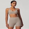 ABOCIW Sports Bras for Women Twist Back Low Impact Fitness Yoga Bra V Neck Wireless Gym Workout Bra Padded Crop Top Sand Medium view 4