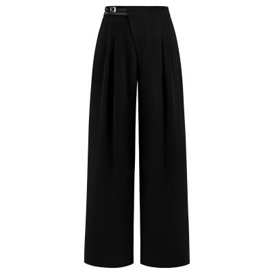 Business Pants for Women Elastic Waist Pull On Work Pants High Waisted Tummy Control Wide Leg Dress Pants with Pocket,Black,XX-Small