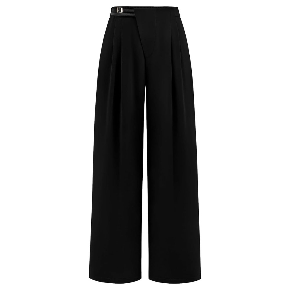 Business Pants for Women Elastic Waist Pull On Work Pants High Waisted Tummy Control Wide Leg Dress Pants with Pocket,Black,XX-Small