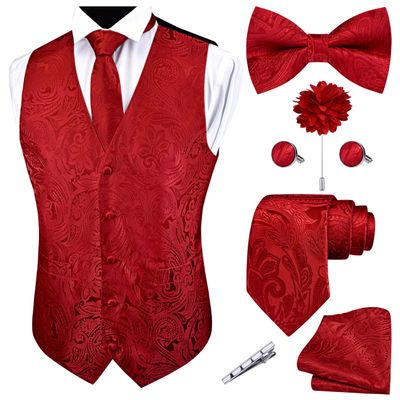 GUSLESON Red Mens Vest Tie and Bow Tie Set Formal Waistcoat Paisley Floral Jacquard Necktie Pocket Square Suit Vests Lapel Pin Wedding Party (0810-04-XXL)