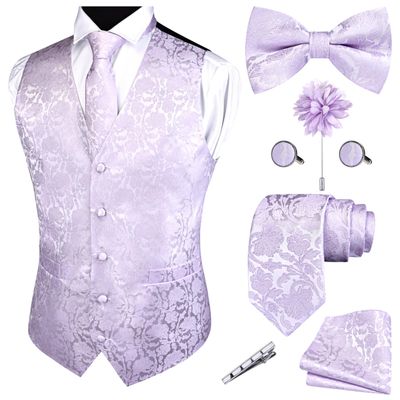 GUSLESON Mens Lavender Floral Suit Vest Tie and Bow Tie Set Silk Floral Waistcoat Light purple Necktie and Pocket Square Lapel Pin Set (0814-22-4XL)