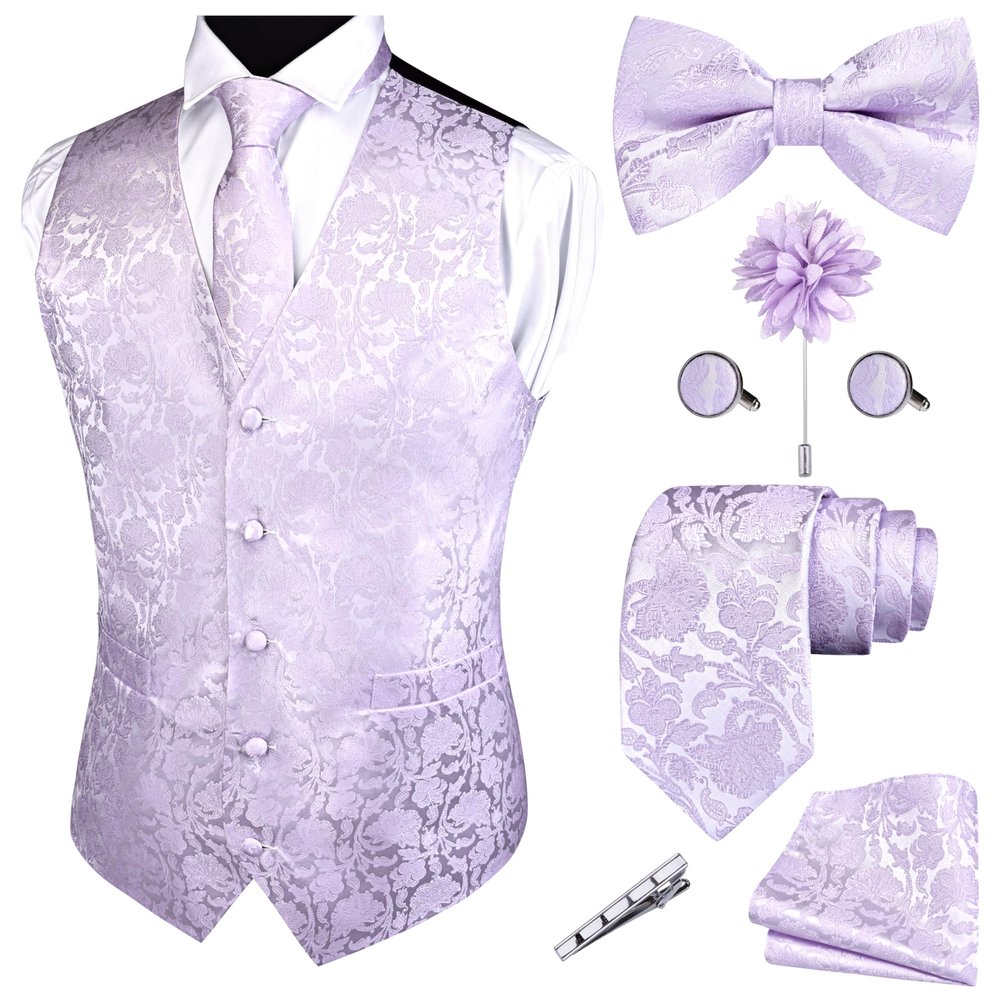 GUSLESON Mens Lavender Floral Suit Vest Tie and Bow Tie Set Silk Floral Waistcoat Light purple Necktie and Pocket Square Lapel Pin Set (0814-22-4XL)