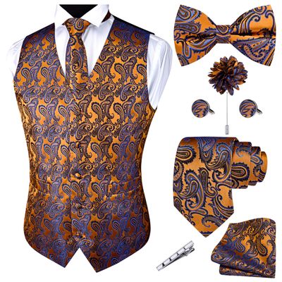 GUSLESON Mens Gold Royal Blue Paisley Suit Vest Tie and Bow Tie Set Silk Waistcoat Necktie and Pocket Square Lapel Pin Set (0815-02-XXL)