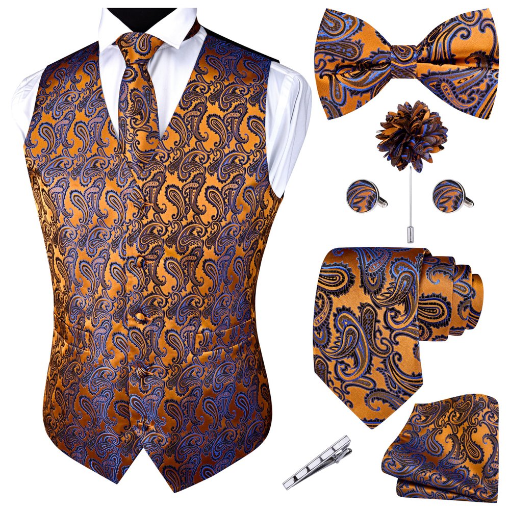 GUSLESON Mens Gold Royal Blue Paisley Suit Vest Tie and Bow Tie Set Silk Waistcoat Necktie and Pocket Square Lapel Pin Set (0815-02-XXL)