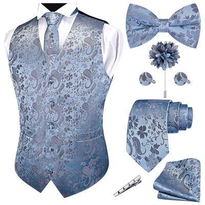 GUSLESON Mens Dusty Blue Vest Tie and Bow Tie Set Formal Waistcoat Paisley Floral Jacquard Necktie Pocket Square Suit Vests Lapel Pin Wedding Party (0811-01-M)
