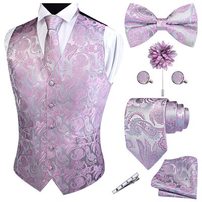 GUSLESON Mens Silver Pink Vest Tie and Bow Tie Set Formal Waistcoat Paisley Floral Jacquard Necktie Pocket Square Suit Vests Lapel Pin Wedding Party (0812-02-XL)