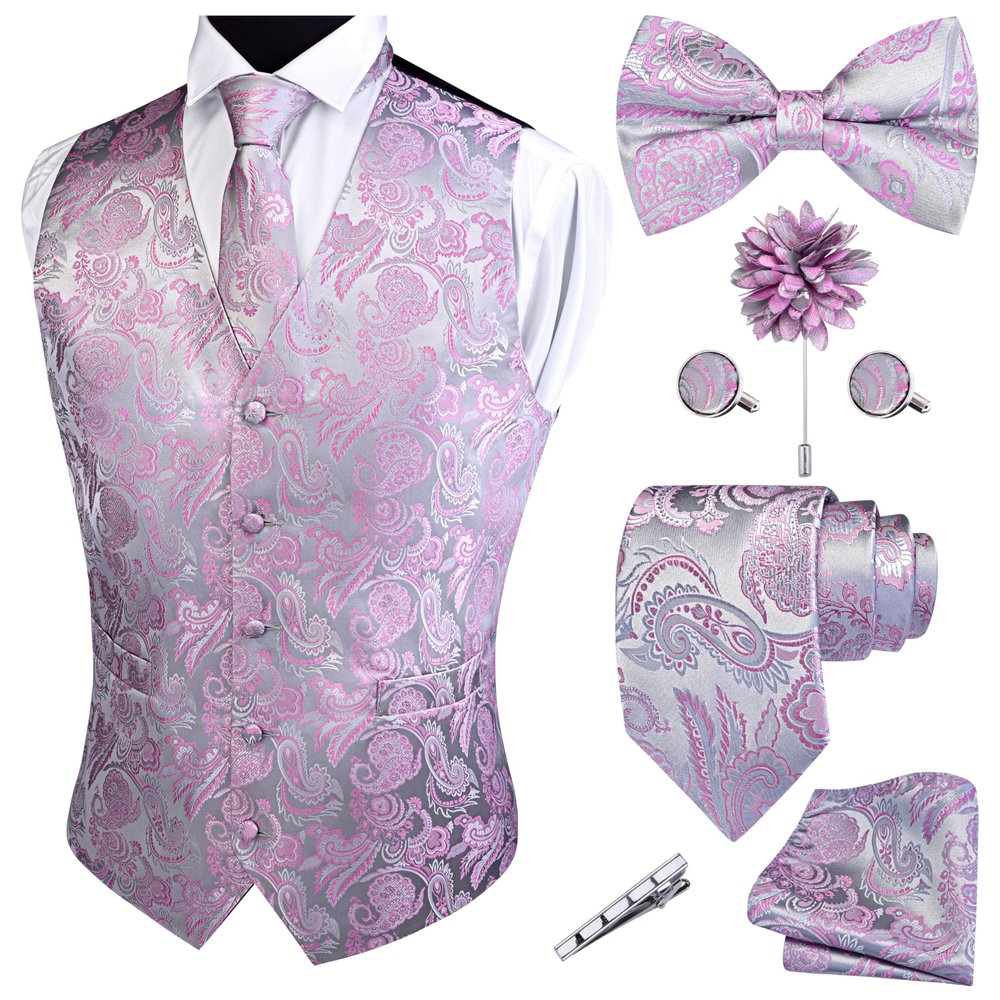 GUSLESON Mens Silver Pink Vest Tie and Bow Tie Set Formal Waistcoat Paisley Floral Jacquard Necktie Pocket Square Suit Vests Lapel Pin Wedding Party (0812-02-XL)