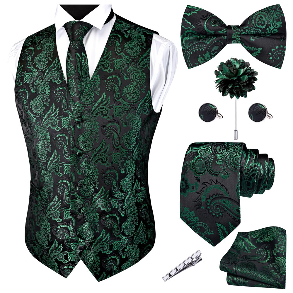GUSLESON Mens Green Vest Tie and Bow Tie Set Formal Waistcoat Paisley Floral Jacquard Emerald Green Necktie Pocket Square Suit Vests Lapel Pin Wedding Party (0812-03-XXL)