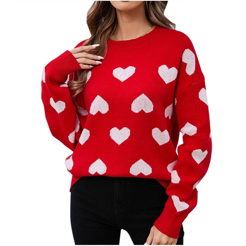 Akklian Fall Sweaters for Women Crewneck Long Sleeve Pullover Tops Regular Fit Knit Sweaters Fashion Cute Heart Print Tunics