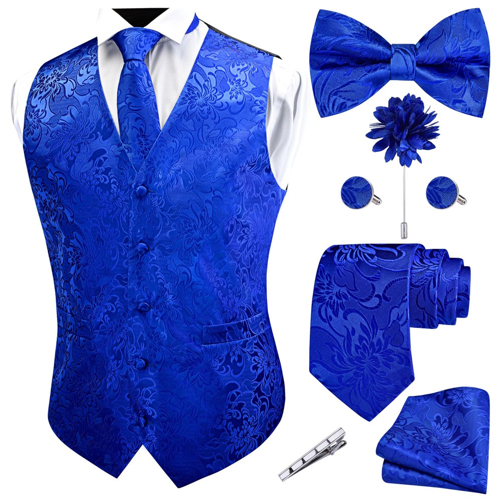 GUSLESON Mens Royal Blue Vest Floral Suit Vest Tie and Bow Tie Set Silk Floral Waistcoat Necktie and Pocket Square Lapel Pin Set (0813-13-M)