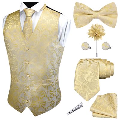 GUSLESON Mens Champagne Gold Floral Suit Vest Tie and Bow Tie Set Silk Floral Waistcoat Necktie and Pocket Square Lapel Pin Set (0814-21-XXL)