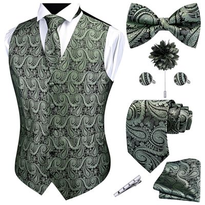 GUSLESON Sage Green Vest Paisley Suit Vest Tie and Bow Tie Set Silk Waistcoat Necktie and Pocket Square Lapel Pin Set for Wedding (0808-15-3XL)