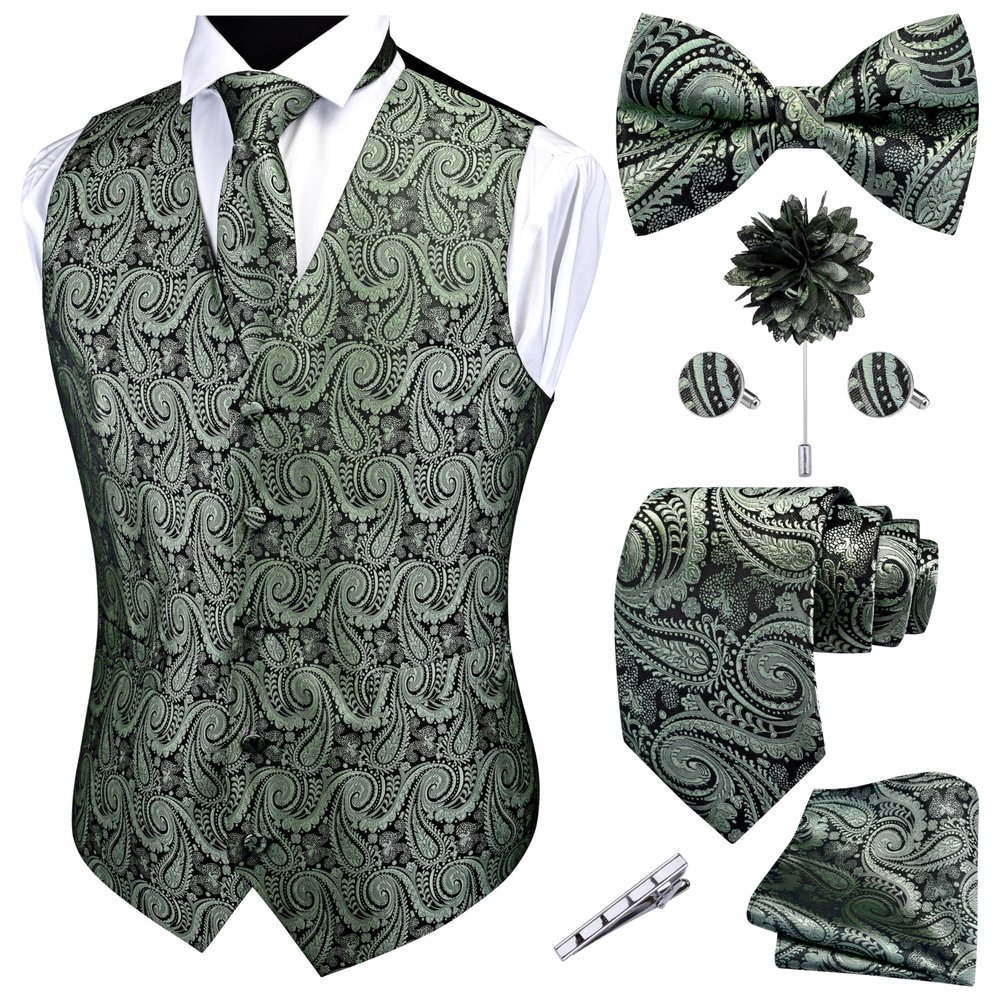 GUSLESON Sage Green Vest Paisley Suit Vest Tie and Bow Tie Set Silk Waistcoat Necktie and Pocket Square Lapel Pin Set for Wedding (0808-15-3XL)