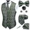 GUSLESON Sage Green Vest Paisley Suit Vest Tie and Bow Tie Set Silk Waistcoat Necktie and Pocket Square Lapel Pin Set for Wedding (0808-15-3XL) view 1
