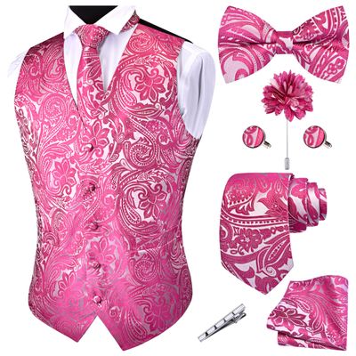 GUSLESON Hot Pink Mens Vest Tie and Bow Tie Set Formal Waistcoat Paisley Floral Jacquard Necktie Pocket Square Suit Vests Lapel Pin Wedding Party (0810-05-4XL)