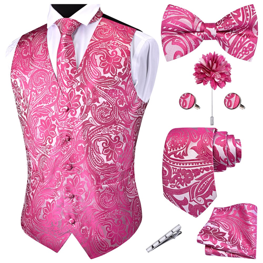 GUSLESON Hot Pink Mens Vest Tie and Bow Tie Set Formal Waistcoat Paisley Floral Jacquard Necktie Pocket Square Suit Vests Lapel Pin Wedding Party (0810-05-4XL)