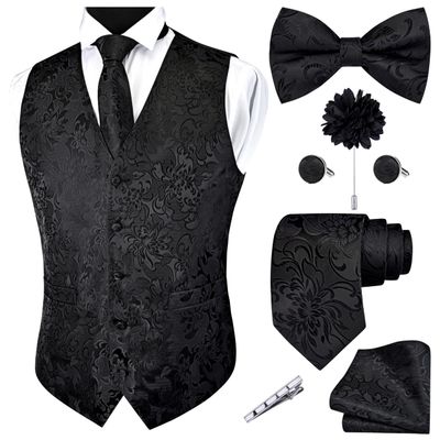 GUSLESON Black Vest Floral Suit Vest Tie and Bow Tie Set Silk Floral Waistcoat Necktie and Pocket Square Lapel Pin Set (0813-12-S)