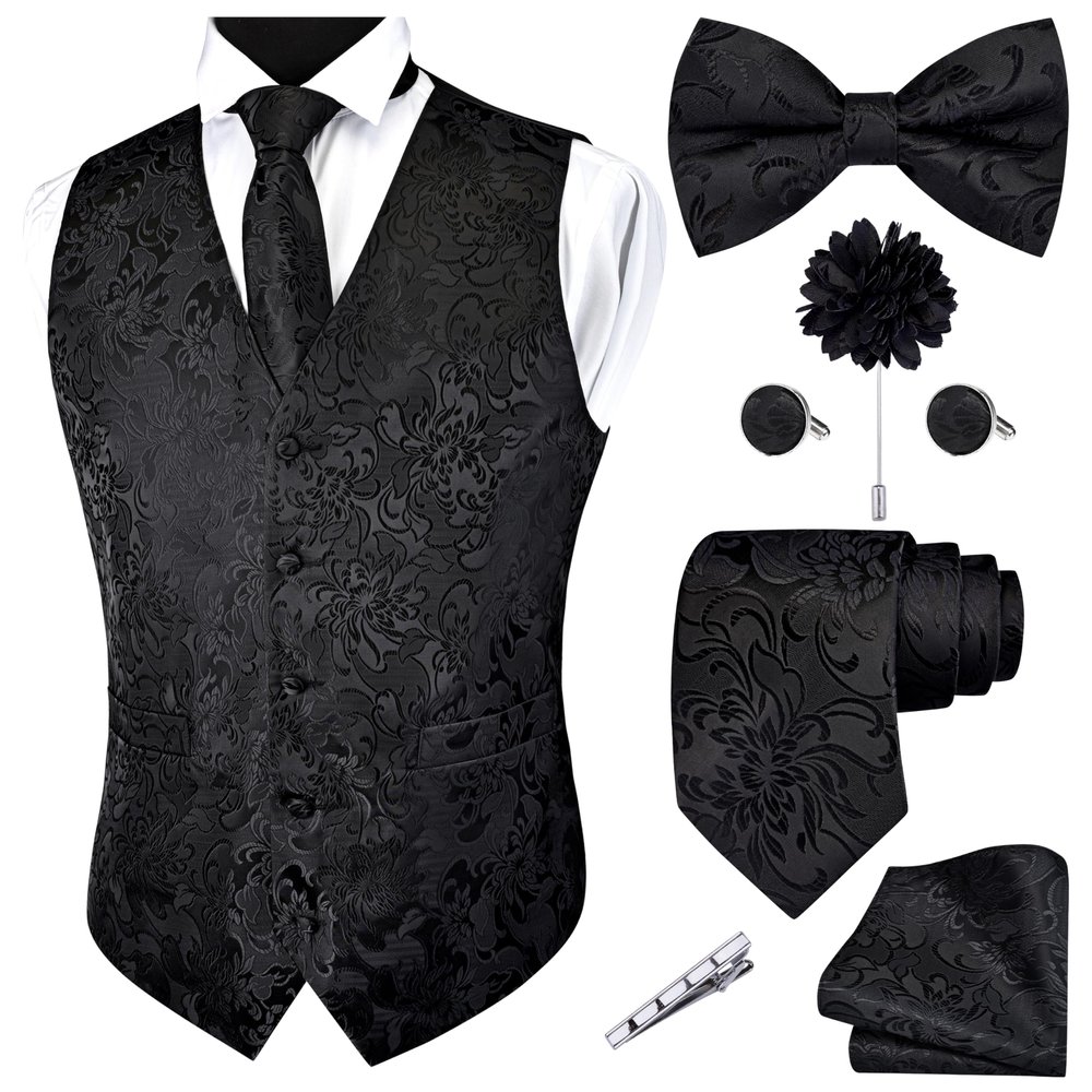 GUSLESON Black Vest Floral Suit Vest Tie and Bow Tie Set Silk Floral Waistcoat Necktie and Pocket Square Lapel Pin Set (0813-12-S)