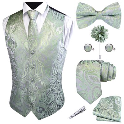 GUSLESON Silver Sage Green Vest Paisley Suit Vest Tie and Bow Tie Set Silk Tuxedo Waistcoat Necktie and Pocket Square Lapel Pin Set for Wedding (0807-17-3XL)