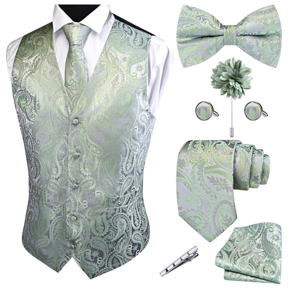GUSLESON Silver Sage Green Vest Paisley Suit Vest Tie and Bow Tie Set Silk Tuxedo Waistcoat Necktie and Pocket Square Lapel Pin Set for Wedding (0807-17-3XL)