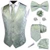 GUSLESON Silver Sage Green Vest Paisley Suit Vest Tie and Bow Tie Set Silk Tuxedo Waistcoat Necktie and Pocket Square Lapel Pin Set for Wedding (0807-17-3XL) view 1