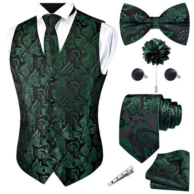 GUSLESON Mens Green Vest Tie and Bow Tie Set Formal Waistcoat Paisley Floral Jacquard Emerald Green Necktie Pocket Square Suit Vests Lapel Pin Wedding Party (0812-03-4XL)
