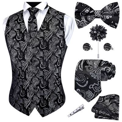 GUSLESON Mens White Black Vest Tie and Bow Tie Set Formal Waistcoat Paisley Floral Jacquard Necktie Pocket Square Suit Vests Lapel Pin Wedding Party (0812-04-XL)
