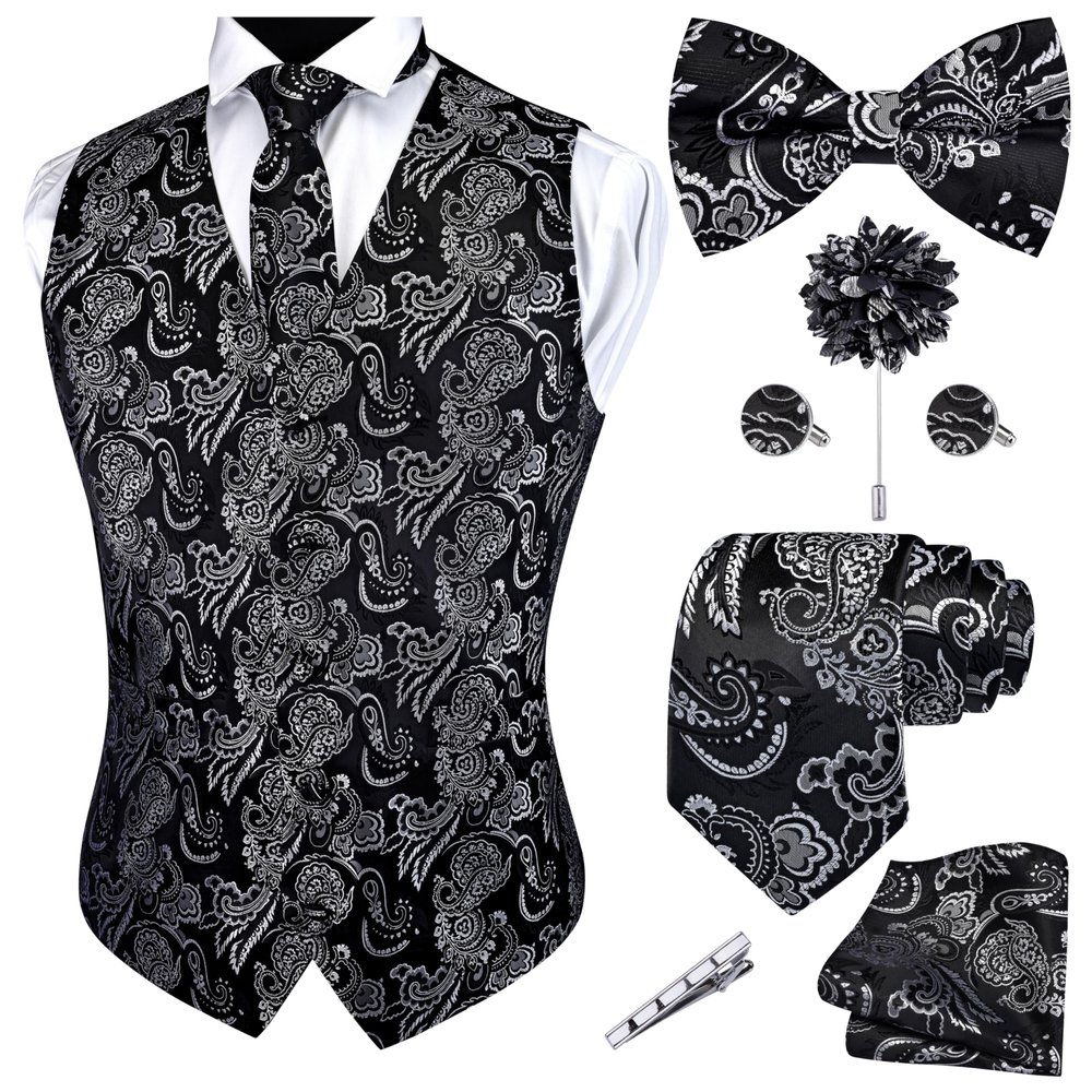 GUSLESON Mens White Black Vest Tie and Bow Tie Set Formal Waistcoat Paisley Floral Jacquard Necktie Pocket Square Suit Vests Lapel Pin Wedding Party (0812-04-XL)