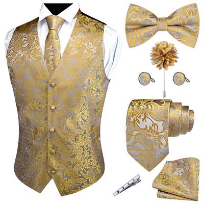 GUSLESON Gold Vest Floral Suit Vest Tie and Bow Tie Set Silk Waistcoat Necktie and Pocket Square Lapel Pin Set (0813-11-XL)