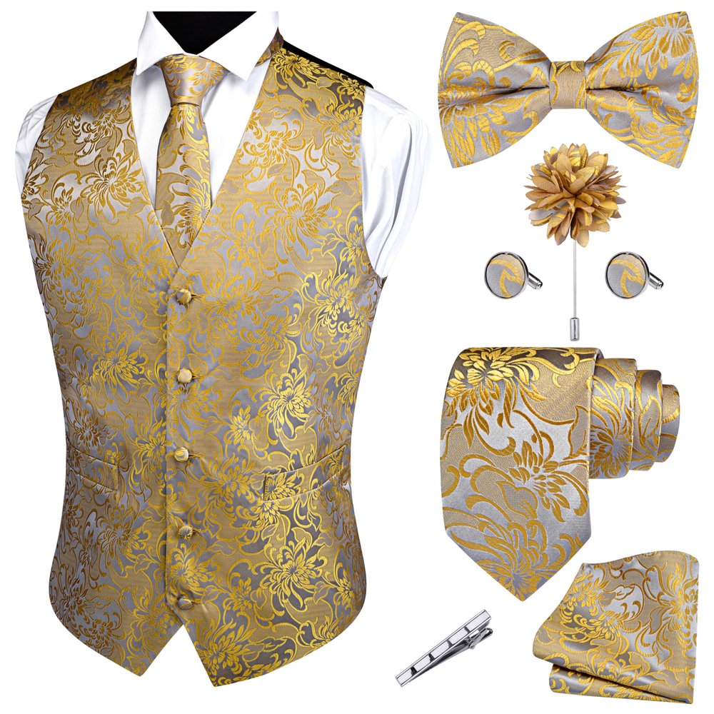 GUSLESON Gold Vest Floral Suit Vest Tie and Bow Tie Set Silk Waistcoat Necktie and Pocket Square Lapel Pin Set (0813-11-XL)