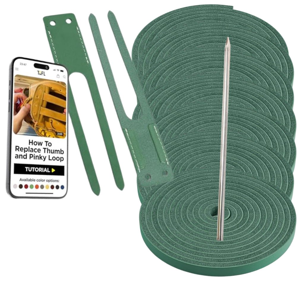 TOFL Baseball Glove Lace Kit | 6 Leather Glove Laces, a Lacing Needle, Set of Thumb & Pinky Straps | Heavy Duty Cowhide for Baseball & Softball Glove Relacing Kit | Green