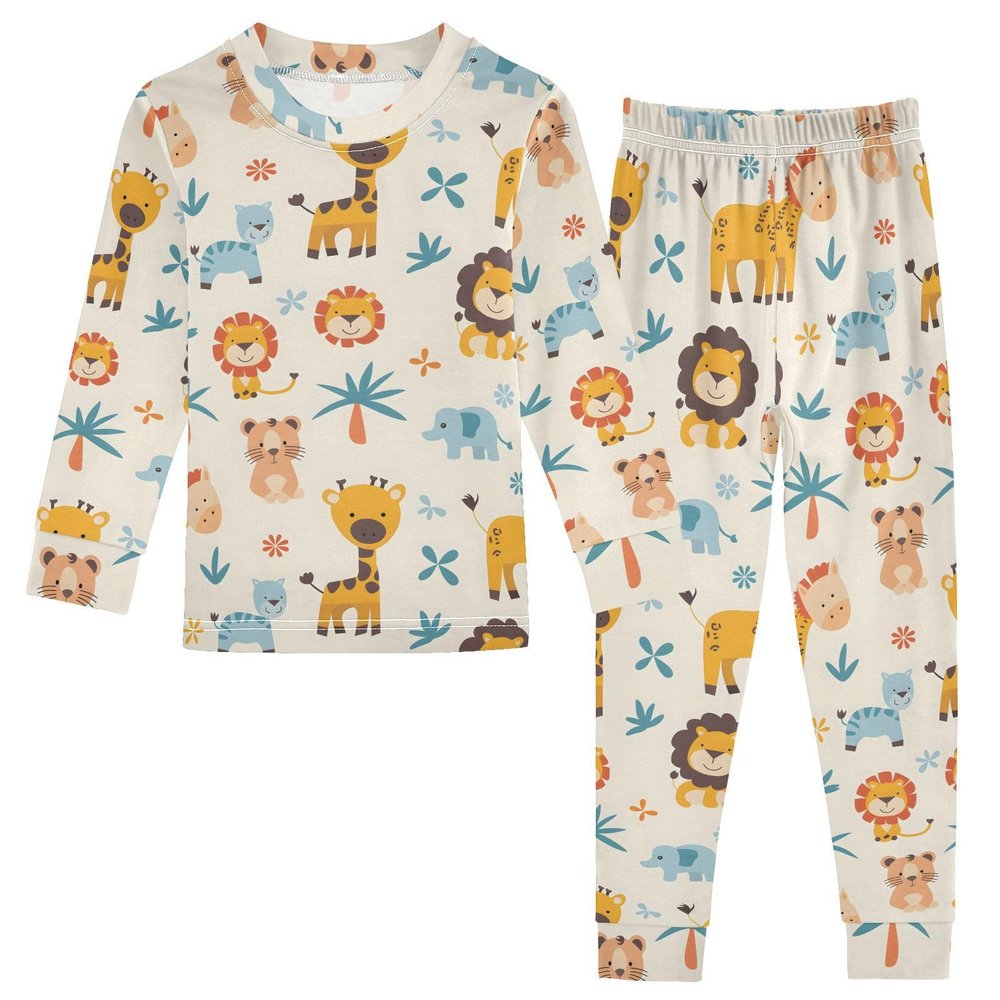 ALAZA Giraffe Lion Elephant Palm Tree 2 Piece Pajama Set Long Sleeve Top and Pants Sleepwear Unisex 18M
