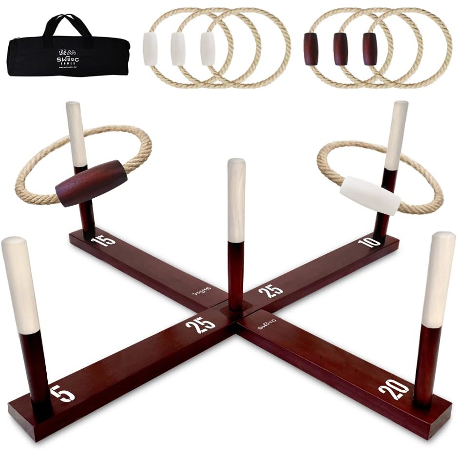 Swooc Games - Rustic Ring Toss Game (All Weather) - Easy Setup & Extra Games Included - Ring Toss Game for Adults - Outdoor Acitivities for Adults - Yard Toys for Kids - Backyard Fun - Outdoor Party