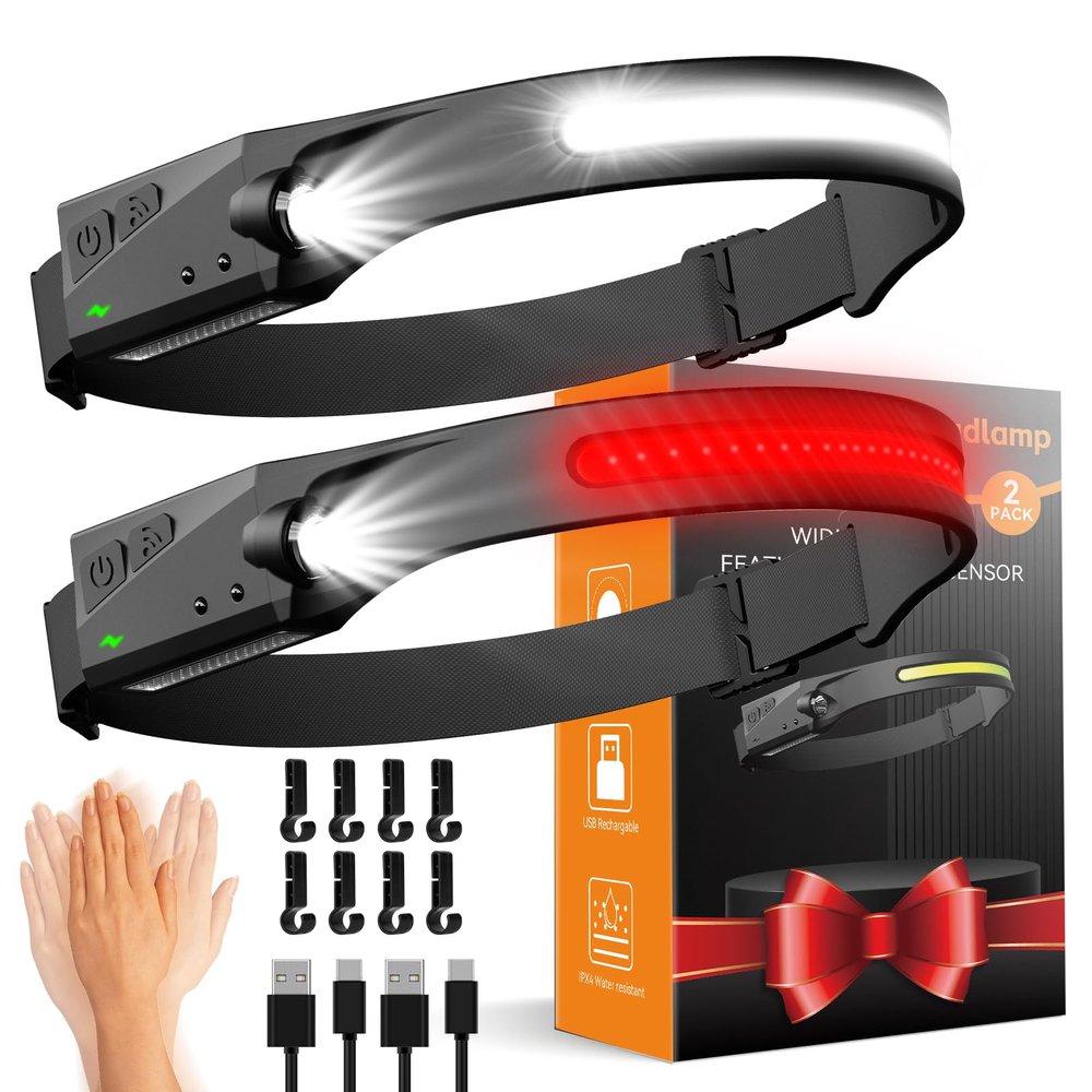 CANKROO Headlamps Rechargeable with Red Light 2 Pack, Wide Beam Running LED Head Lamp for Adults, Headlights for Head with Motion Sensor, Hard Hat Light for Running, Camping, Hiking, Hunting, Fishing