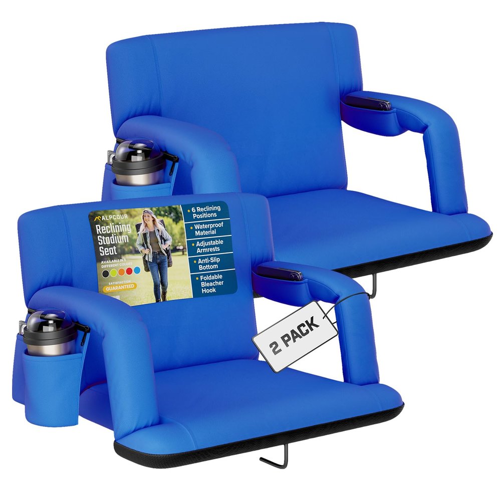 Alpcour Reclining Stadium Seat  Wide Bleacher Chair with Back Support and Cushion, Armrests, Side Pockets, and Bleachers Hook  Best Stadium Seats Chairs for Camping, Kayak, & Paddle Board Backs