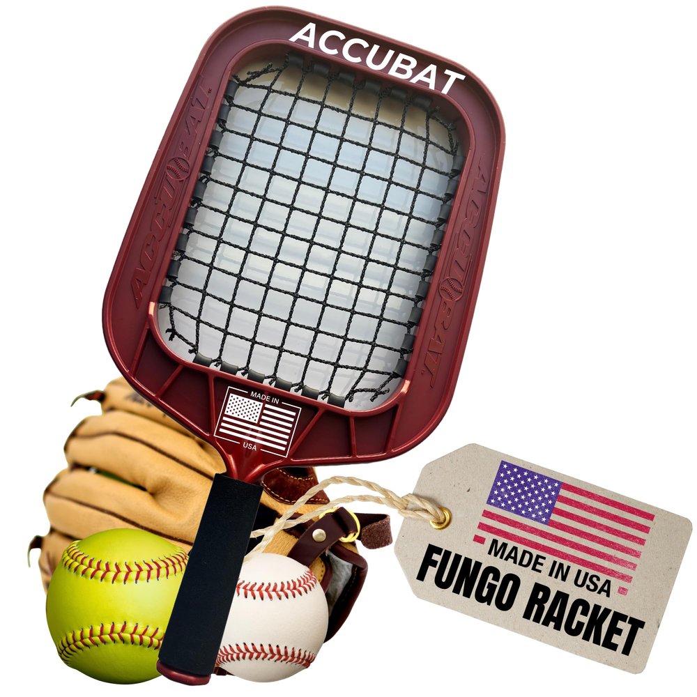 Accubat Fungo Racket for Baseball & Softball Training - Baseball Racket with Durable Frame & Replaceable Netting - Quality Design for Accurate Fly Balls & Grounders - USA Made (20 Ounce, Red)