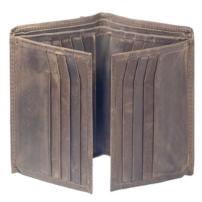 Bullz Genuine Nappa Cow Leather Thick Dual Card ID Flap Quad Fold Large Bifold Mens Wallet Passcase RFID (Hunter Brown)