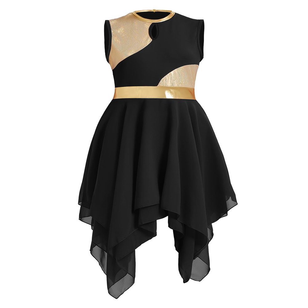 ZYACTU Womens Praise Dance Dress Metallic Block Irregular Liturgical Worship Dress Lyrical Contemporary Dance Costumes Tag S-Black