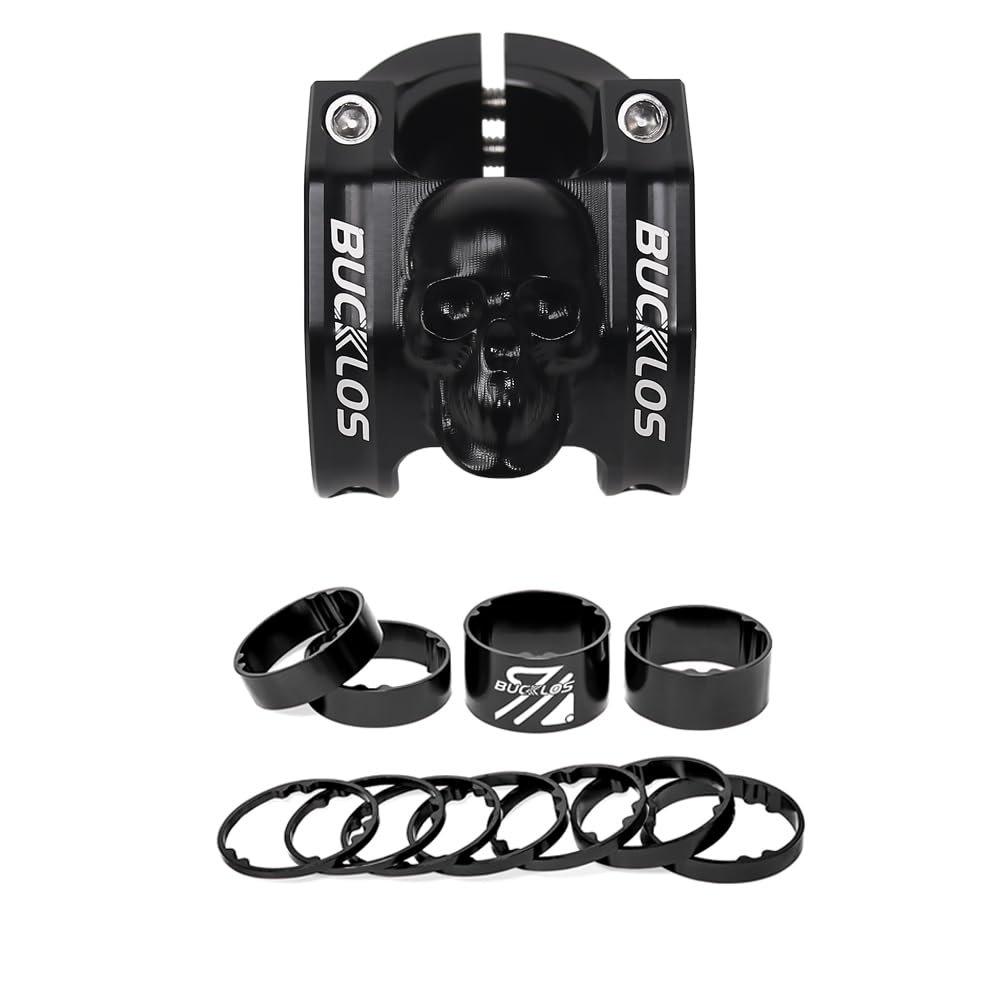 BUCKLOS Skull 31.8mm MTB Stem 35mm Mountain Bike Handlebars Short Stems & Spacers 11 Pieces Fit 28.6mm Front Fork Stem,2 3 5 10 15 20mm AL Washer Black