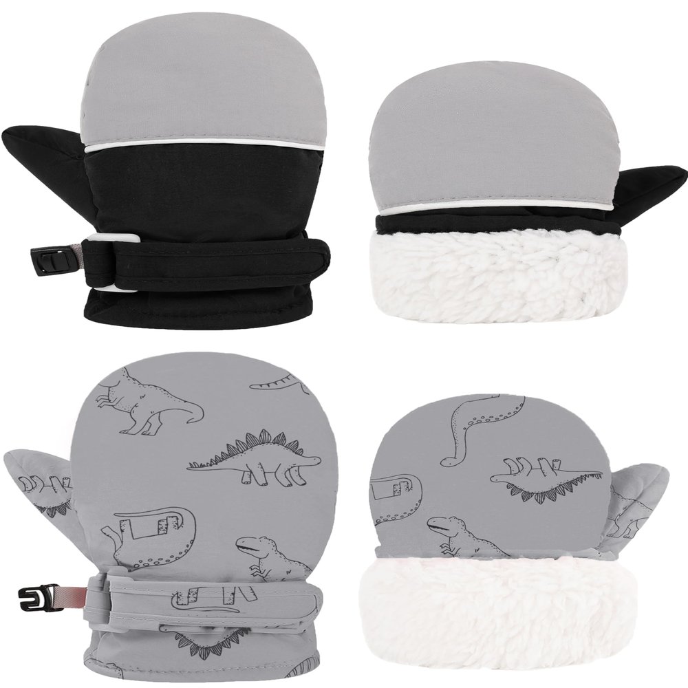 YMYDYFC Toddler Mittens Baby Waterproof Gloves Toddler Snow Gloves Kids Winter Mitten For Boy Girl Kids Ski Mitten P-Black & Gray Dinosaur M(2-4 Years)