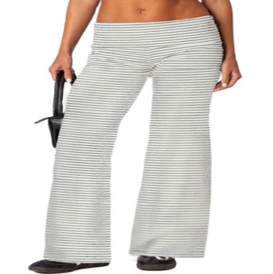 UAURORAO Fold Over Yoga Pants for Women Wide Leg Workout Sweatpants Y2k Striped Lounge Pants(Stripe Light Grey,X-Large)