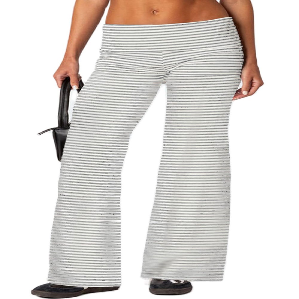 UAURORAO Fold Over Yoga Pants for Women Wide Leg Workout Sweatpants Y2k Striped Lounge Pants(Stripe Light Grey,X-Large)