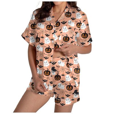 ZYXTIM Halloween Pajamas Women 2Pc Ghost Graphic Silk Satin Sleepwear Button Down Short Sleeve Lounge Shorts Pajamas Set