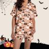 ZYXTIM Halloween Pajamas Women 2Pc Ghost Graphic Silk Satin Sleepwear Button Down Short Sleeve Lounge Shorts Pajamas Set view 3