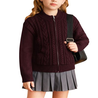 Girls Red Sweater Long Sleeve Zip Knitted Cardigan Fall School Christmas Jacket Size 8-10