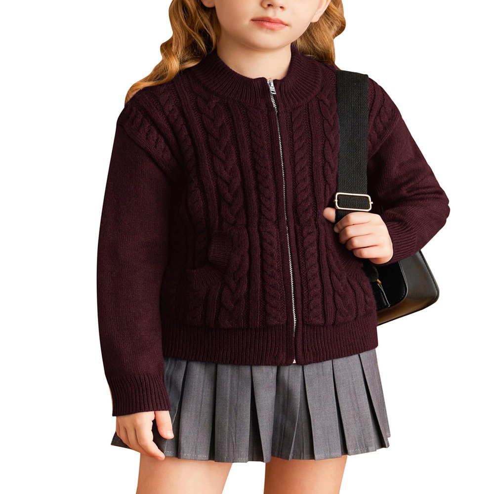 Girls Red Sweater Long Sleeve Zip Knitted Cardigan Fall School Christmas Jacket Size 8-10