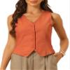Allegra K Vest Tops for Women Summer Cotton Linen Sleeveless Button Down V Neck Fully Lined Waistcoat Cropped Vests X-Small Orange view 1