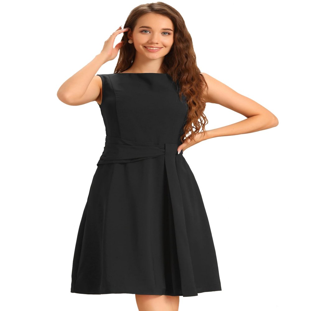 Allegra K Sleeveless Midi Work Dress for Women's Boat Neck Tie Waist Dresses Medium Black