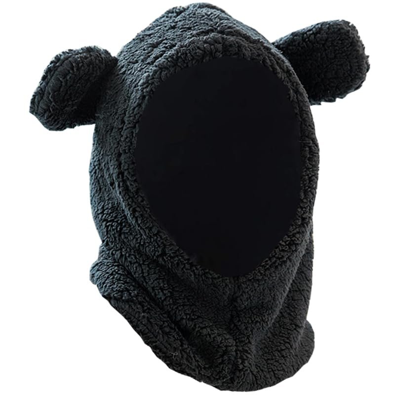 2 in 1 Kids Hat Scarf Bear Toddler Balaclava Winter Warm Beanies Cap Thick Fleece Lining Skull Caps for 5-14 Year Old Boys Girls Black