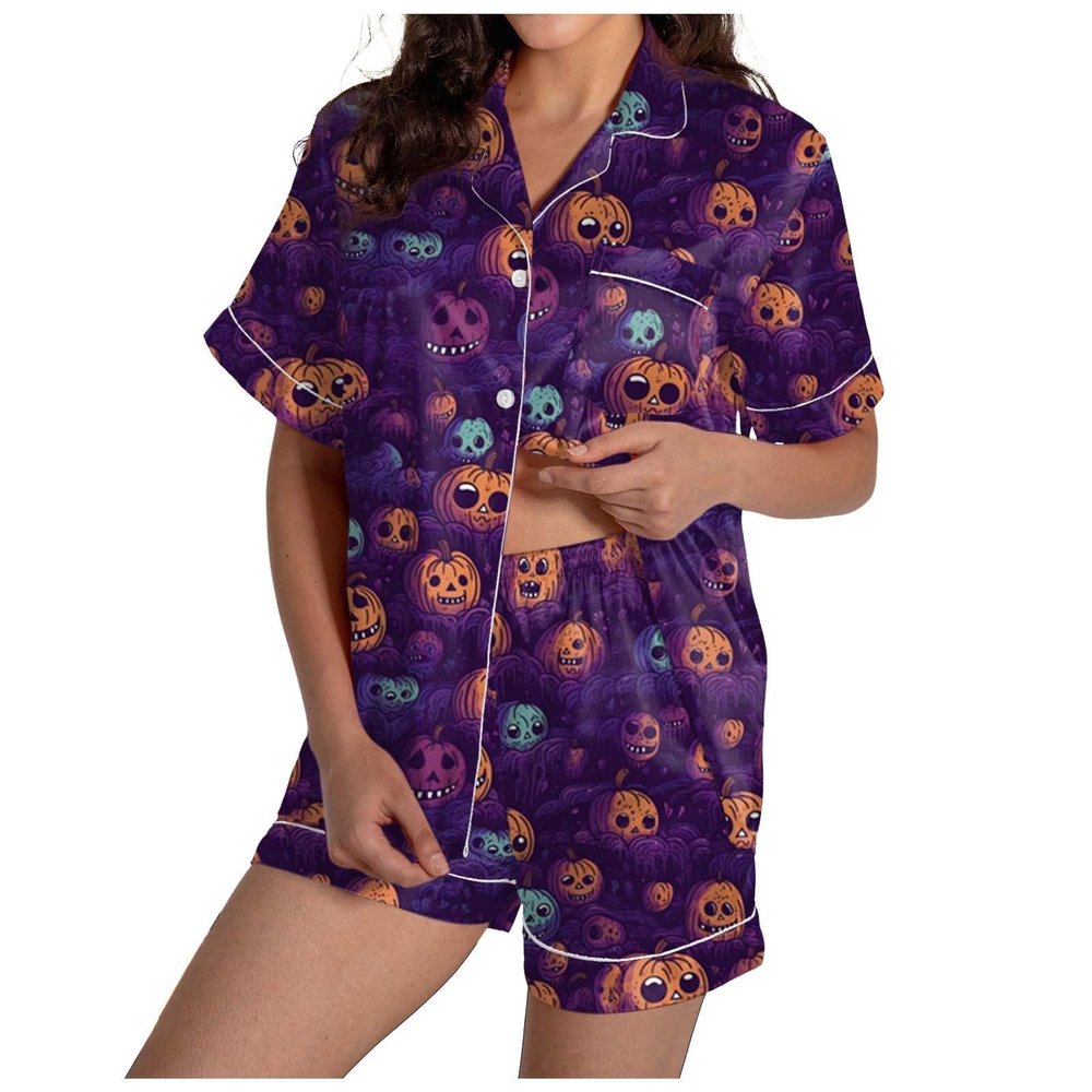 ZYXTIM Halloween Pajamas Women 2Pc Pumpkin Skull Ghost Print Silk Satin Sleepwear Short Sleeve Button Tops and Shorts Pjs Sets Nightwear A-Dark Blue